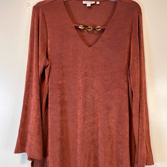 Chico’s Rust V-Neck Long Sleeve Tunic Top with Chain link Detail Women’s Large - Picture 2 of 8